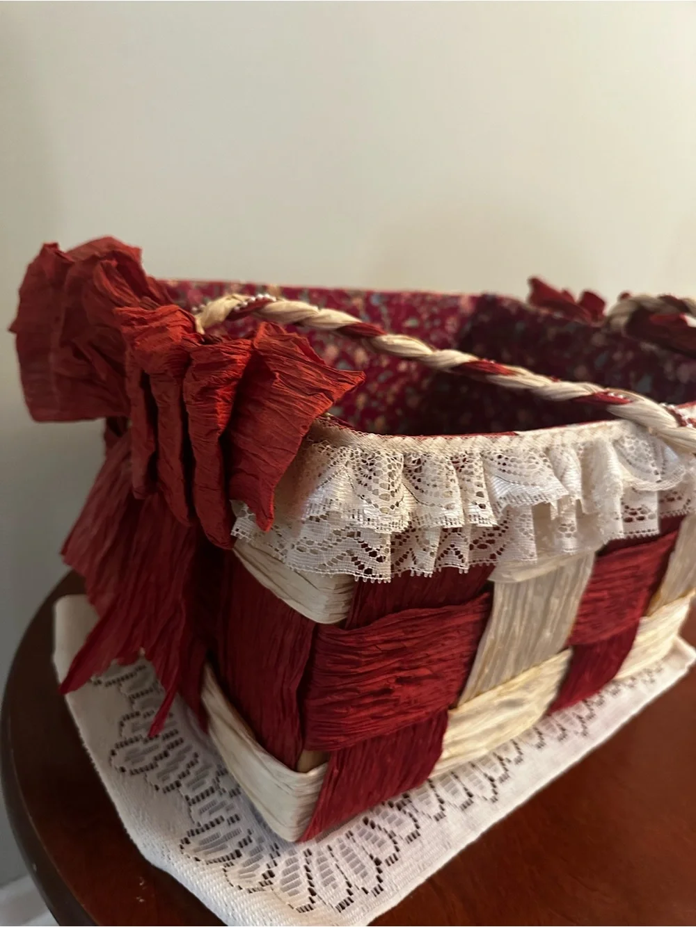 Vintage Shabby Chic Red and Cream Woven Storage Basket cottagecore